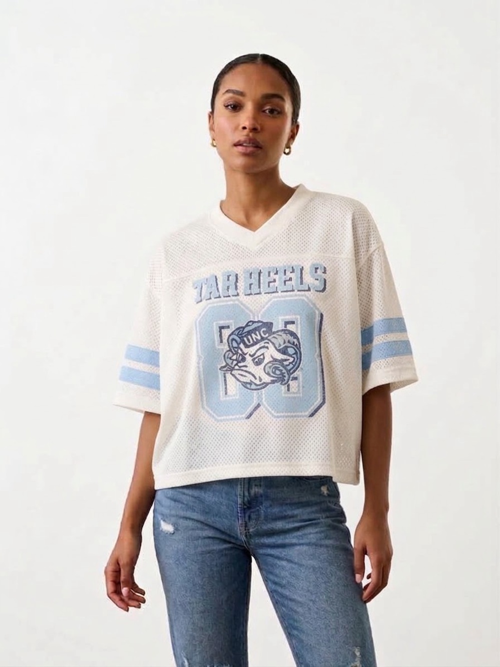 Hollister White Mesh V-Neck Tee with Light Blue Tar Heels Graphic UNC Shirt